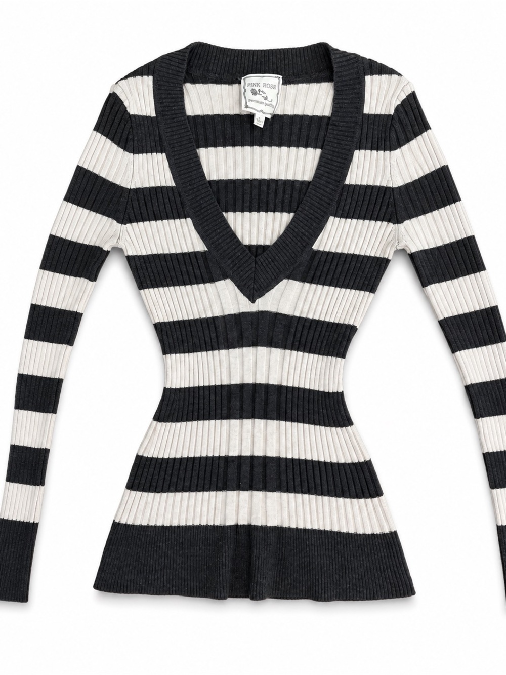 Pink Rose Black & White Striped V-Neck Ribbed Knit Top